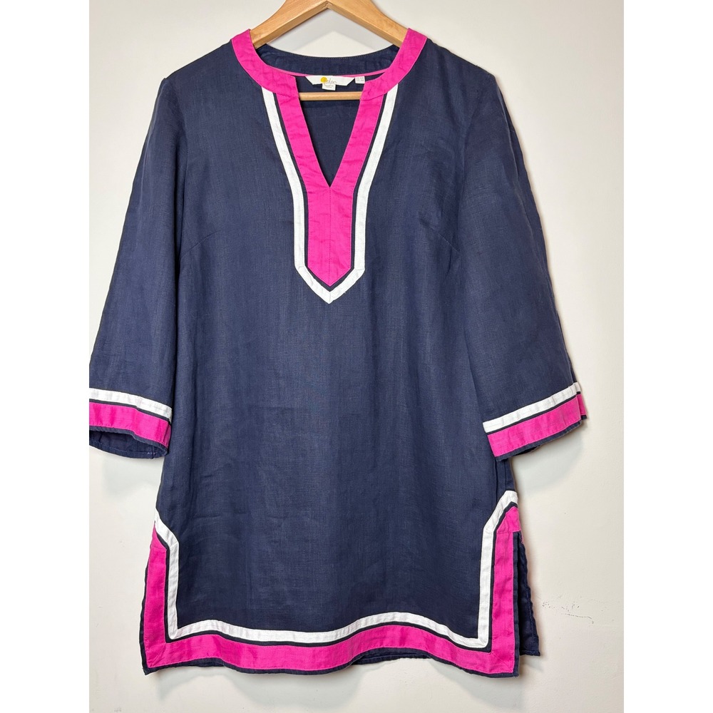 Boden Navy Pink White Contrast Trim 100% Linen Tunic Top WA794 Womens 6R
